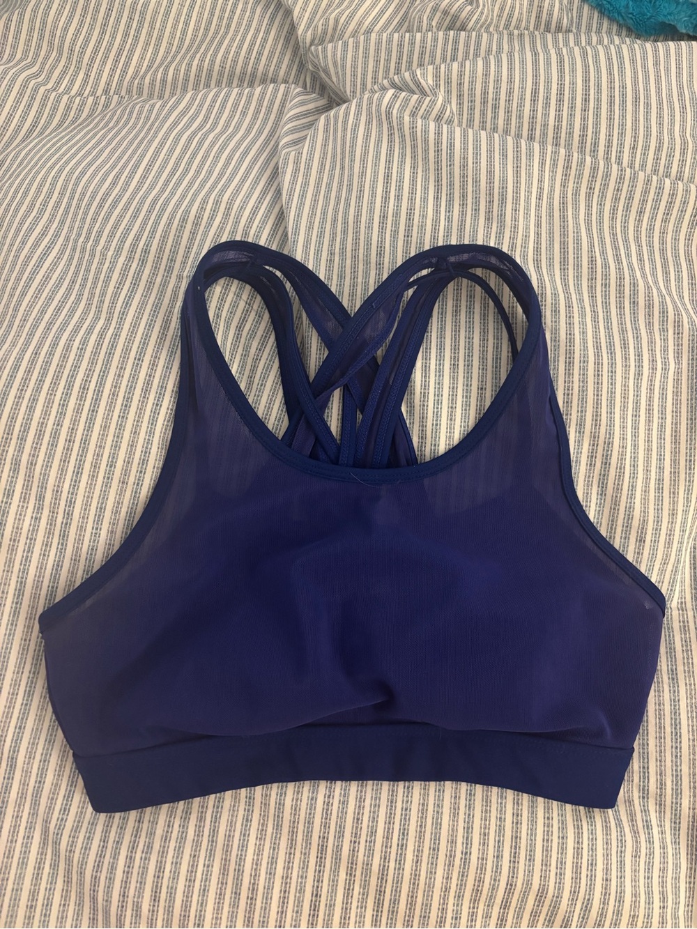 Fabletics Strappy High-Neck Sports Bra in Royal Blue
